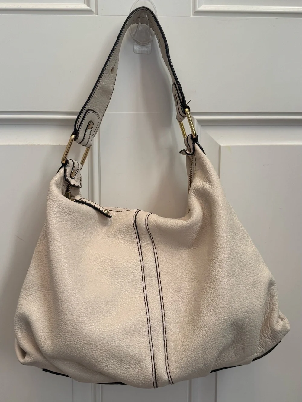 Soft Cream Leather Hobo Bag with Contrast Stitching